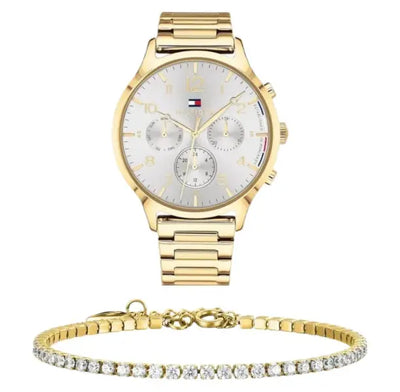 שעון טומי הילפיגר לאישה - אחריות יבואן! Tommy Hilfiger 1781872 עם צמיד טניס מוזהב מתנה