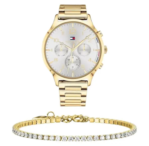 שעון טומי הילפיגר לאישה - אחריות יבואן! Tommy Hilfiger 1781872 עם צמיד טניס מוזהב מתנה