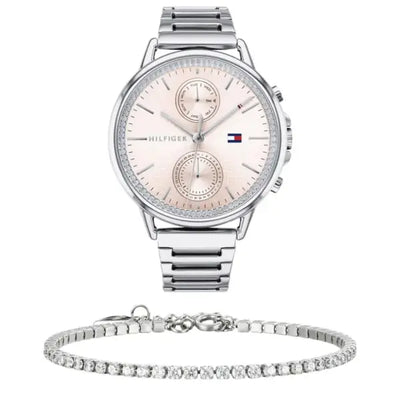 שעון טומי הילפיגר לאישה - אחריות יבואן! Tommy Hilfiger 1781917 עם צמיד טניס כסוף מתנה