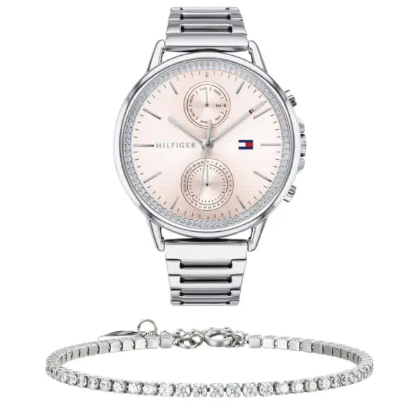 שעון טומי הילפיגר לאישה - אחריות יבואן! Tommy Hilfiger 1781917 עם צמיד טניס כסוף מתנה