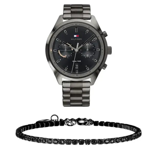 שעון טומי הילפיגר לגבר - אחריות יבואן! Tommy Hilfiger 1791727 עם צמיד טניס שחור מתנה