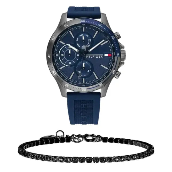 שעון טומי הילפיגר לגבר - אחריות יבואן! Tommy Hilfiger 1791721 עם צמיד טניס שחור מתנה