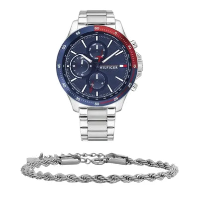 שעון טומי הילפיגר לגבר - אחריות יבואן! Tommy Hilfiger 1791718 עם צמיד חבל כסוף מתנה