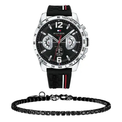 שעון טומי הילפיגר לגבר - אחריות יבואן! Tommy Hilfiger 1791473 עם צמיד טניס שחור מתנה
