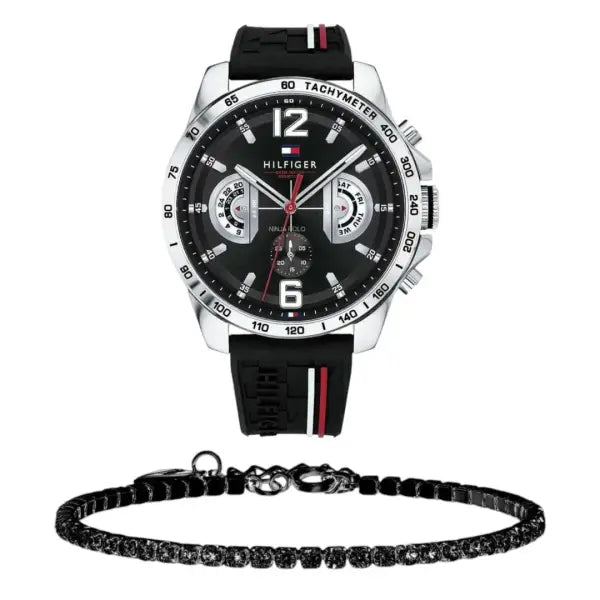 שעון טומי הילפיגר לגבר - אחריות יבואן! Tommy Hilfiger 1791473 עם צמיד טניס שחור מתנה