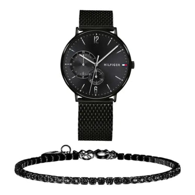 שעון טומי הילפיגר לגבר - אחריות יבואן! Tommy Hilfiger 1791507 עם צמיד טניס שחור מתנה