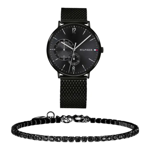 שעון טומי הילפיגר לגבר - אחריות יבואן! Tommy Hilfiger 1791507 עם צמיד טניס שחור מתנה