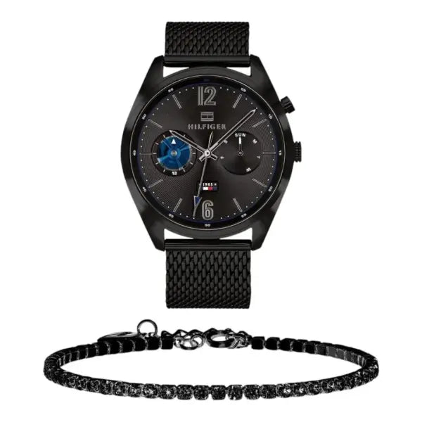 שעון טומי הילפיגר לגבר - אחריות יבואן! Tommy Hilfiger 1791547 עם צמיד טניס שחור מתנה