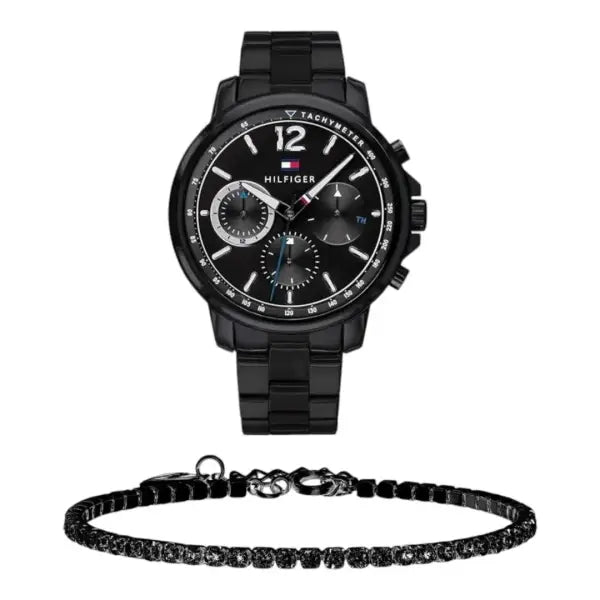 שעון טומי הילפיגר לגבר - אחריות יבואן! Tommy Hilfiger 1791529 עם צמיד טניס שחור מתנה