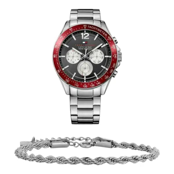 שעון טומי הילפיגר לגבר - אחריות יבואן! Tommy Hilfiger 1791122 עם צמיד חבל כסוף מתנה