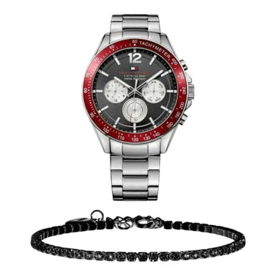 שעון טומי הילפיגר לגבר - אחריות יבואן! Tommy Hilfiger 1791122 עם צמיד טניס שחור מתנה