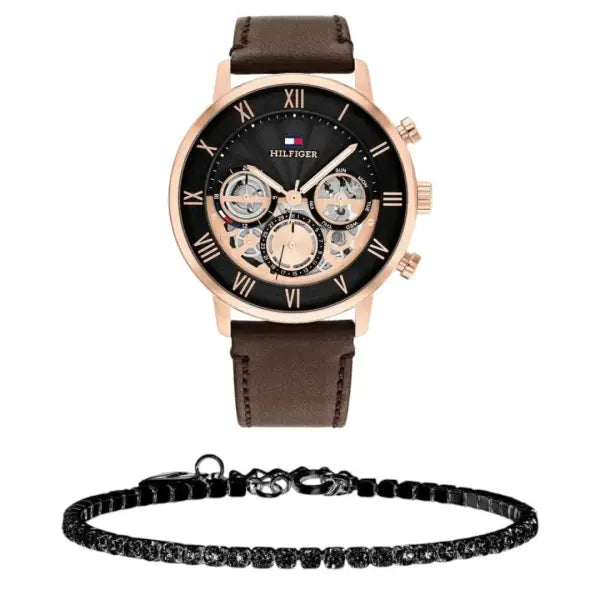 שעון טומי הילפיגר לגבר - אחריות יבואן! Tommy Hilfiger 1710566 עם צמיד טניס שחור מתנה