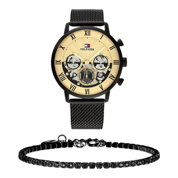 שעון טומי הילפיגר לגבר - אחריות יבואן! Tommy Hilfiger 1710568 עם צמיד טניס שחור מתנה