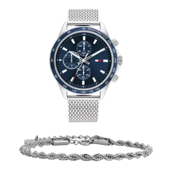שעון טומי הילפיגר לגבר - אחריות יבואן! Tommy Hilfiger 1792018 עם צמיד חבל כסוף מתנה