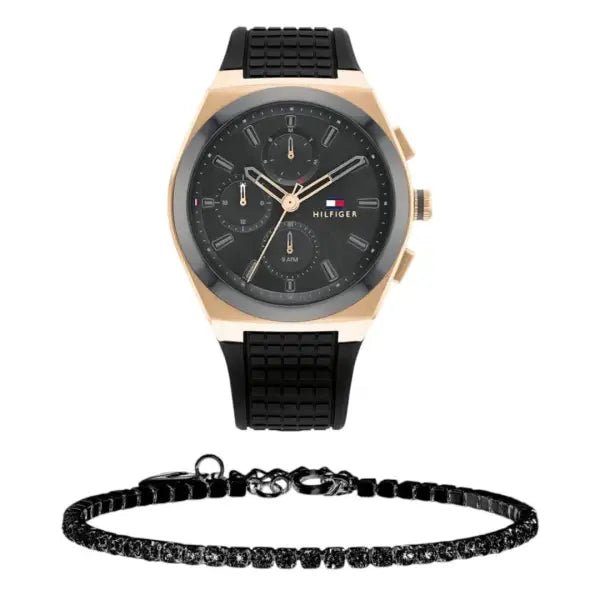 שעון טומי הילפיגר לגבר - אחריות יבואן! Tommy Hilfiger 1791931 עם צמיד טניס שחור מתנה