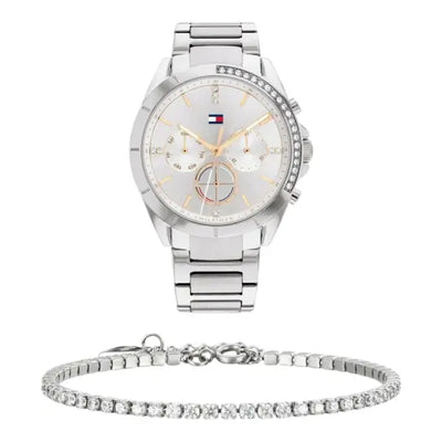 שעון טומי הילפיגר לאישה - אחריות יבואן! Tommy Hilfiger 1782384 עם צמיד טניס כסוף מתנה